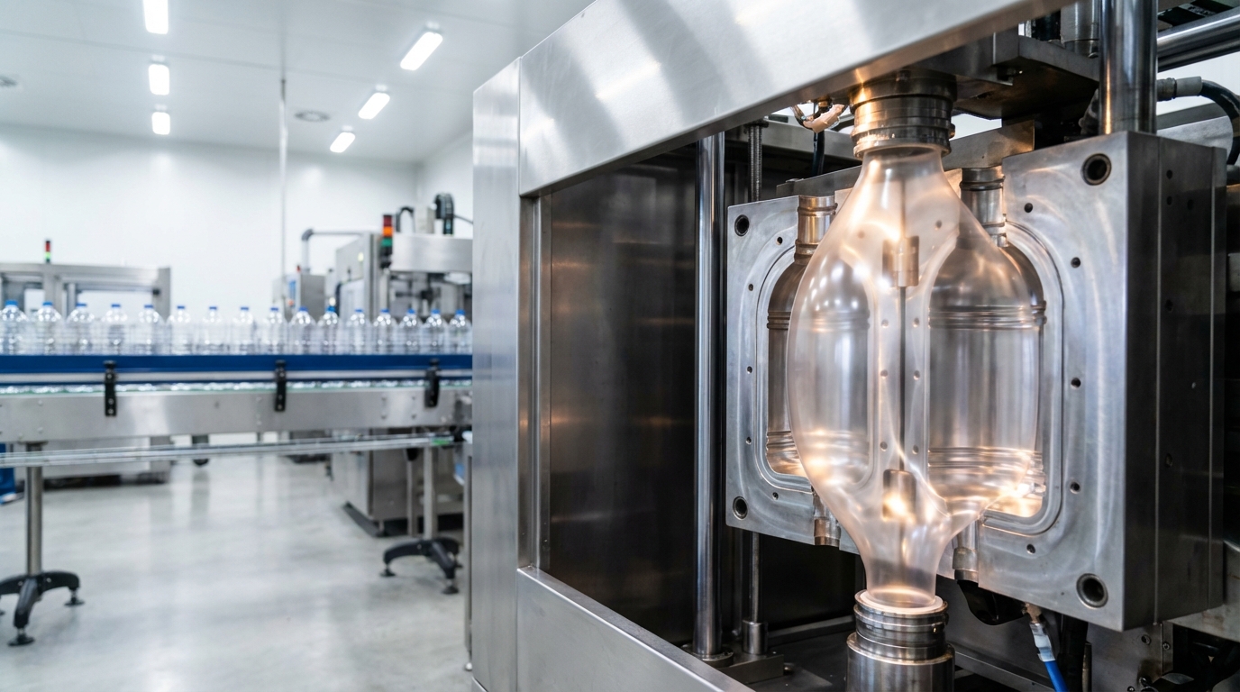 Botol HDPE/LDPE berbaris keluar dari mesin blow-molding.