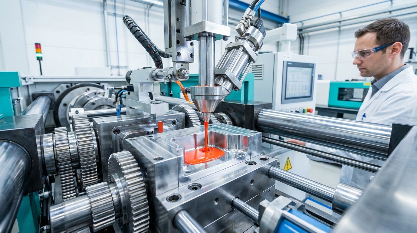 Mesin injection di line produksi, pot/jar hasil molding.
